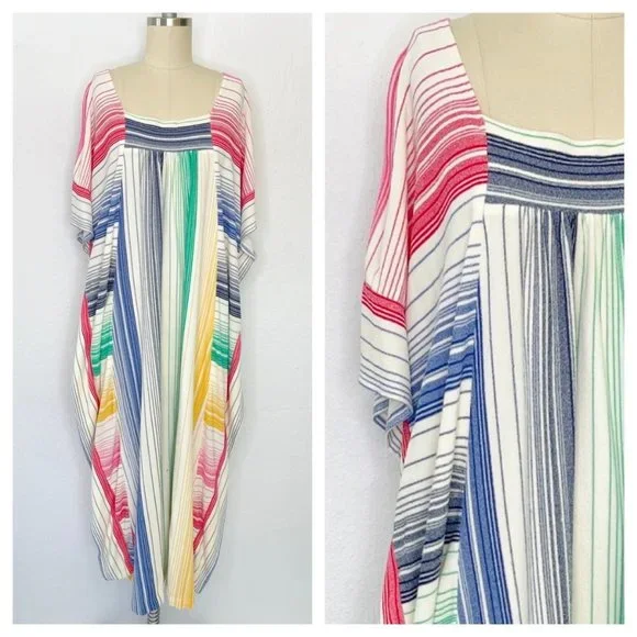 Vintage 70s 80s Rainbow MuuMuu Kaftan House Dress size M Medium Terry Cloth Boho - Picture 1 of 6